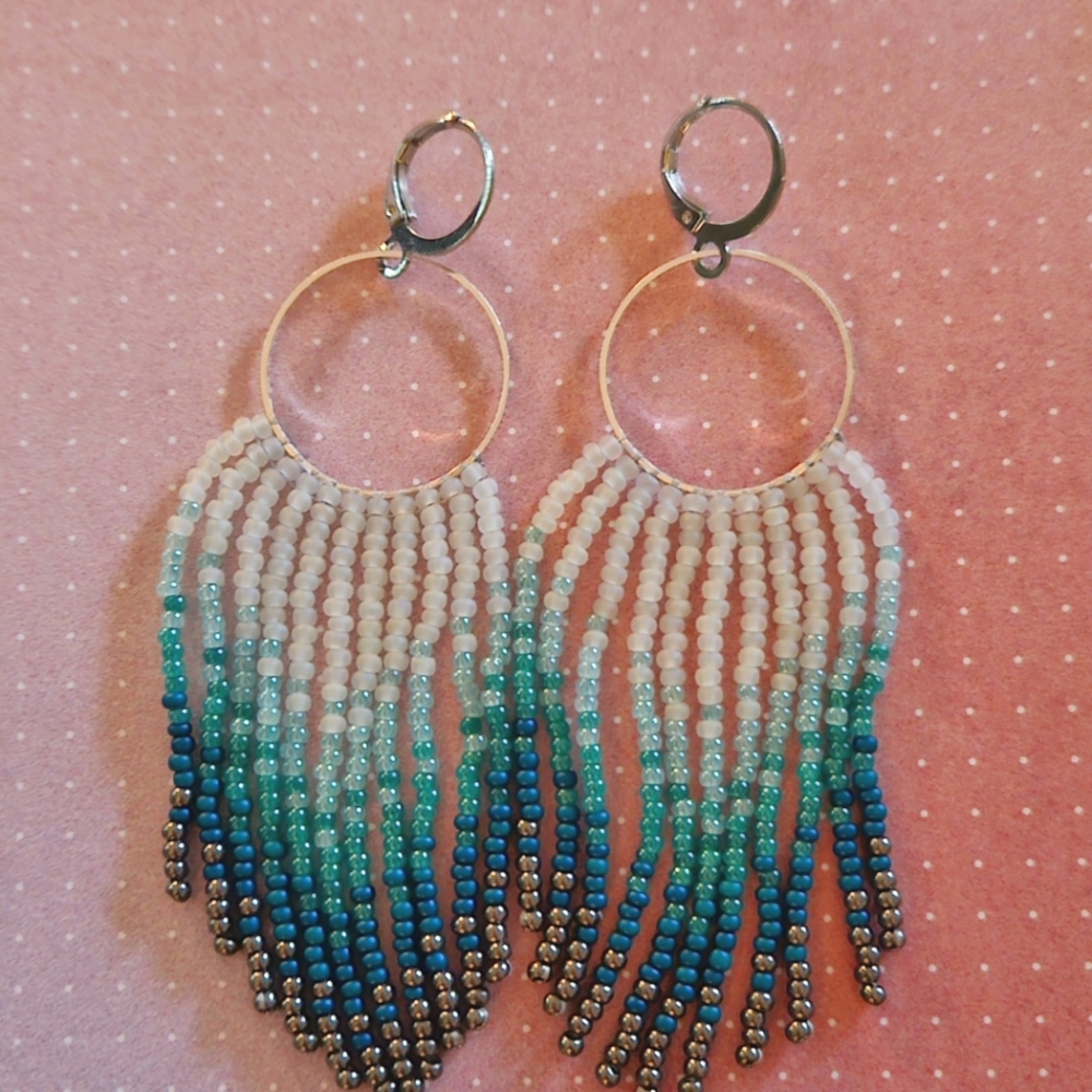 Handmade Elegant Beaded Hoop Earrings - Blue And Grey